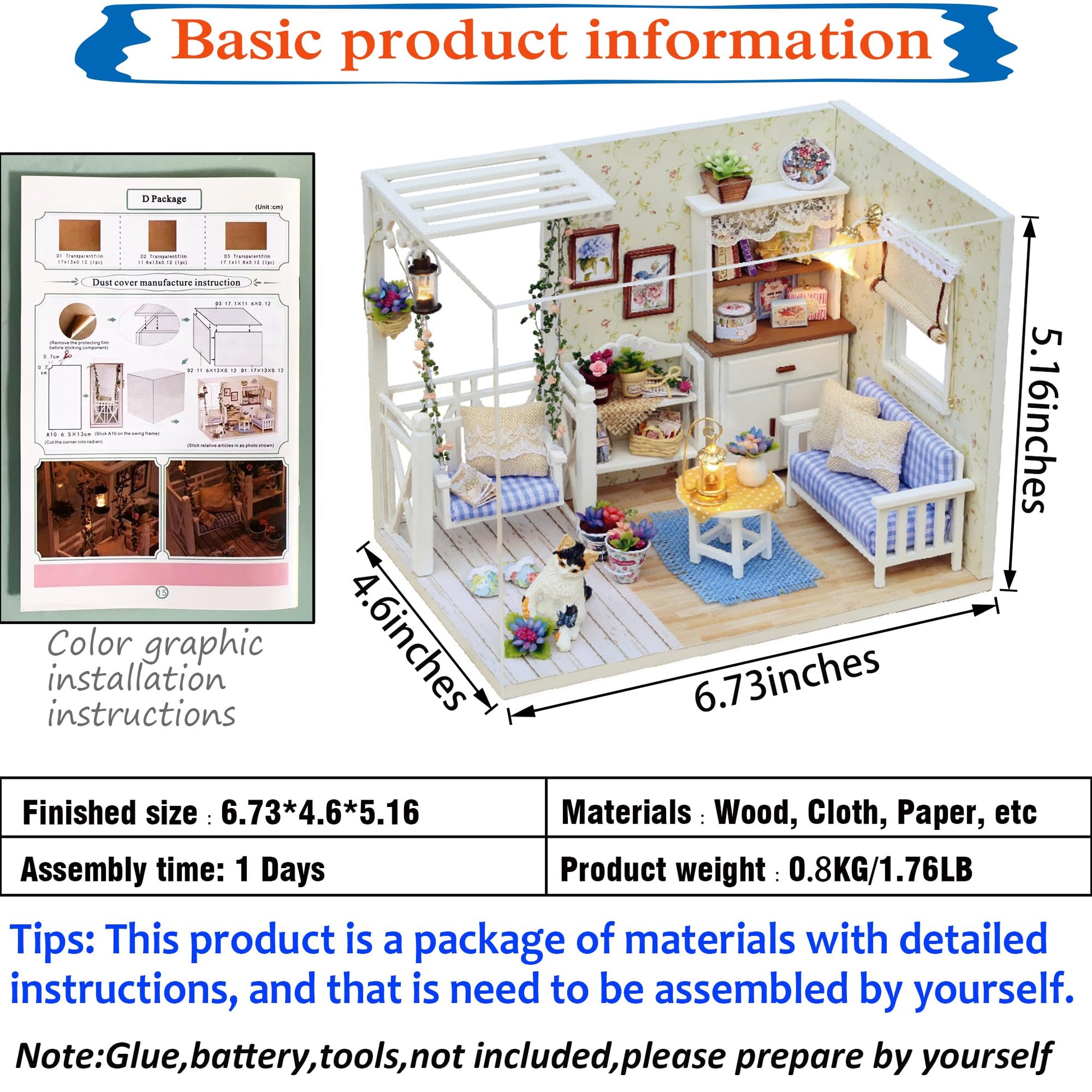 KOOMEKI Miniature Dollhouse DIY Set with Decoration Furniture and LED Lights, Kitten Diary Style, 1;24 Scale DIY Dollhouse with English Instructions
