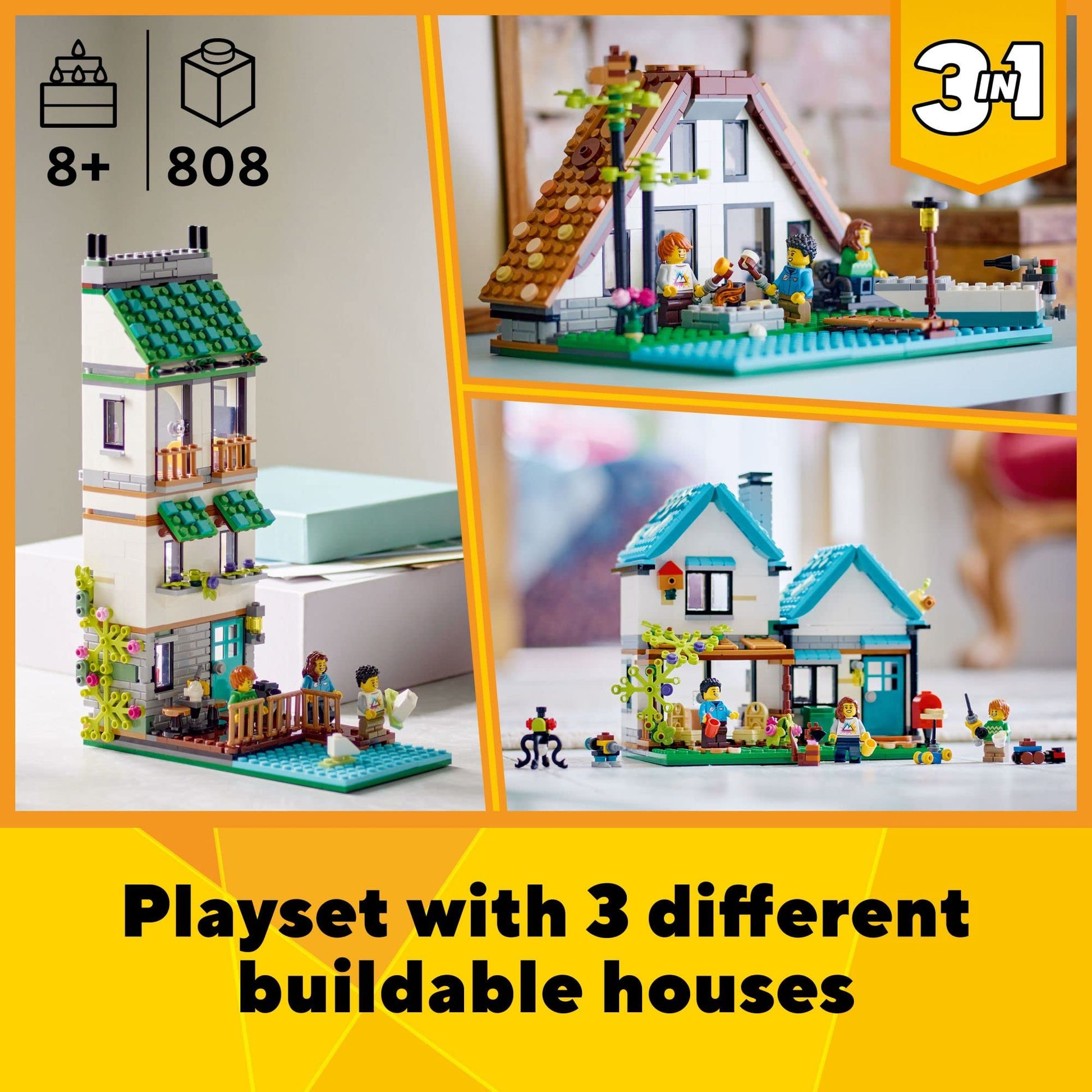 LEGO Creator 3 in 1 Cozy House Building Toys - Toy Figures & Pretend Play Playsets for Boys & Girls, Ages 8+ - 3 Building Options - Gift for Birthdays