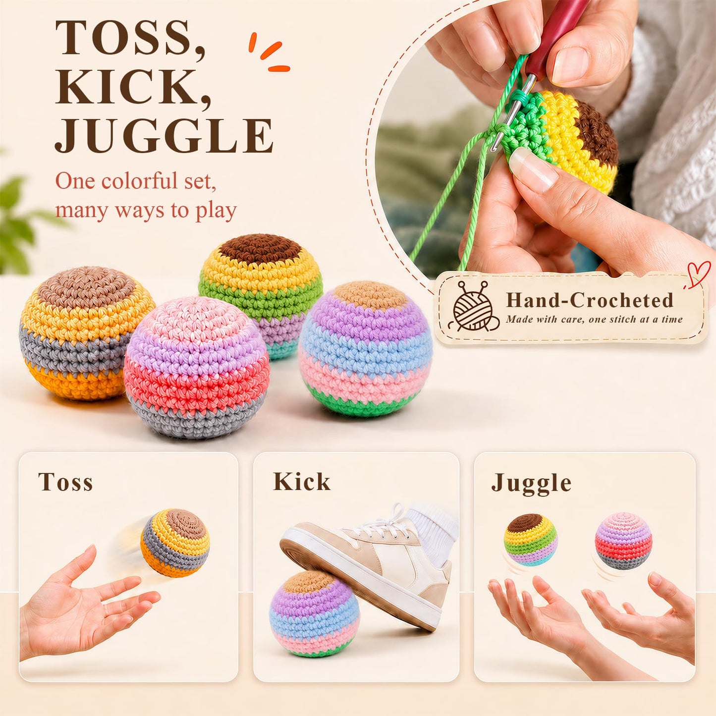 LAVKUHY Hand-Crocheted Footbag 2-Pack - Soft Knitted Kick Sacks for Stress Relief, Office Fidget & Outdoor Games, Includes Travel Pouch, Unique Gift