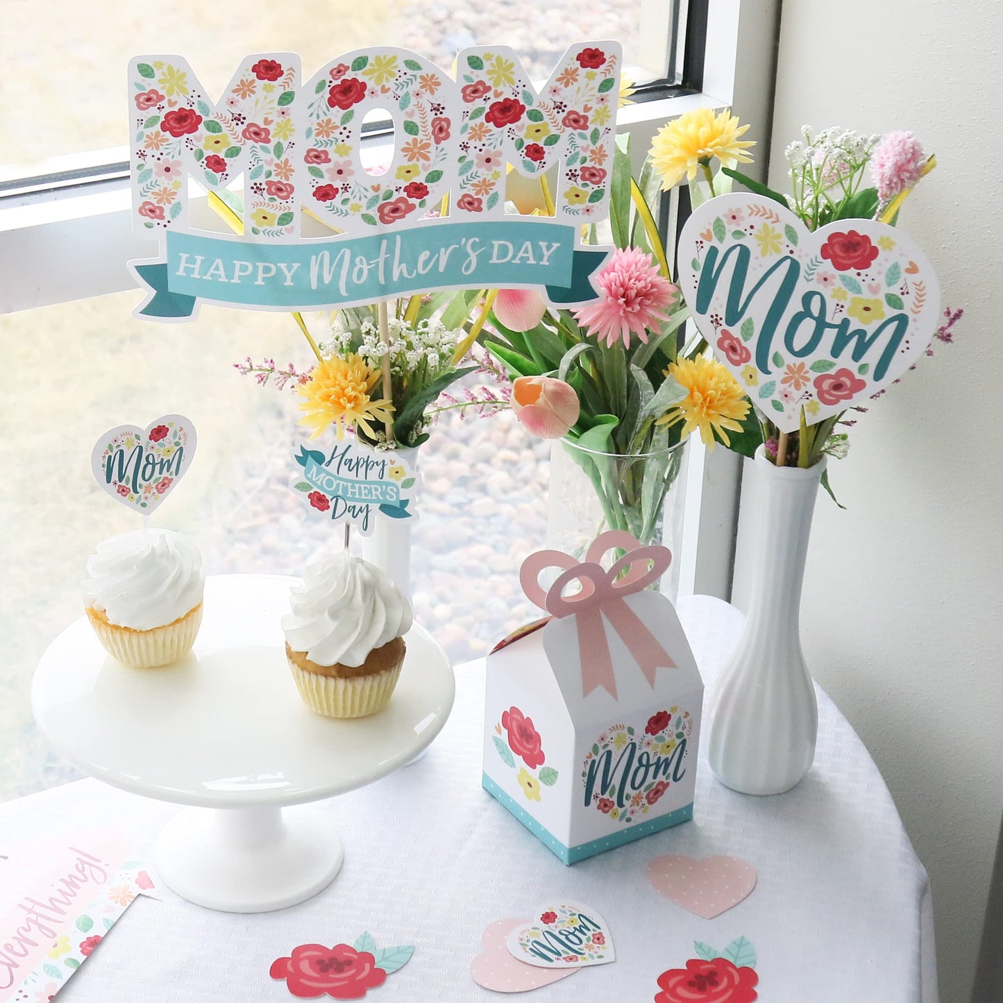 Big Dot of Happiness Colorful Floral Happy Mother's Day - We Love Mom Party Centerpiece Sticks - Table Toppers - Set of 15