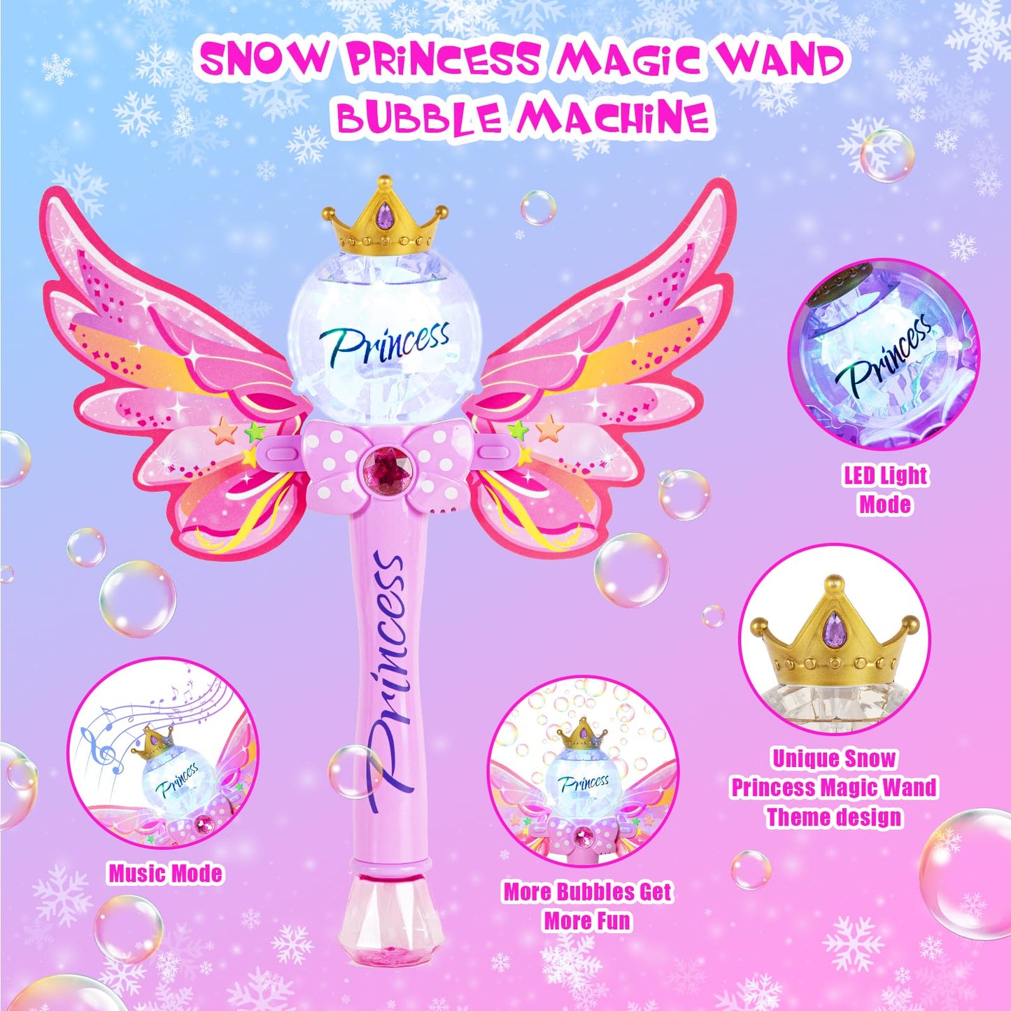 Princess Bubble Wand,Bubble Machine for Kids Girls,Music & Light Up Bubble Blower,Bubble Maker,Outdoor Party Birthday Bubble Toy for Toddlers,Gift