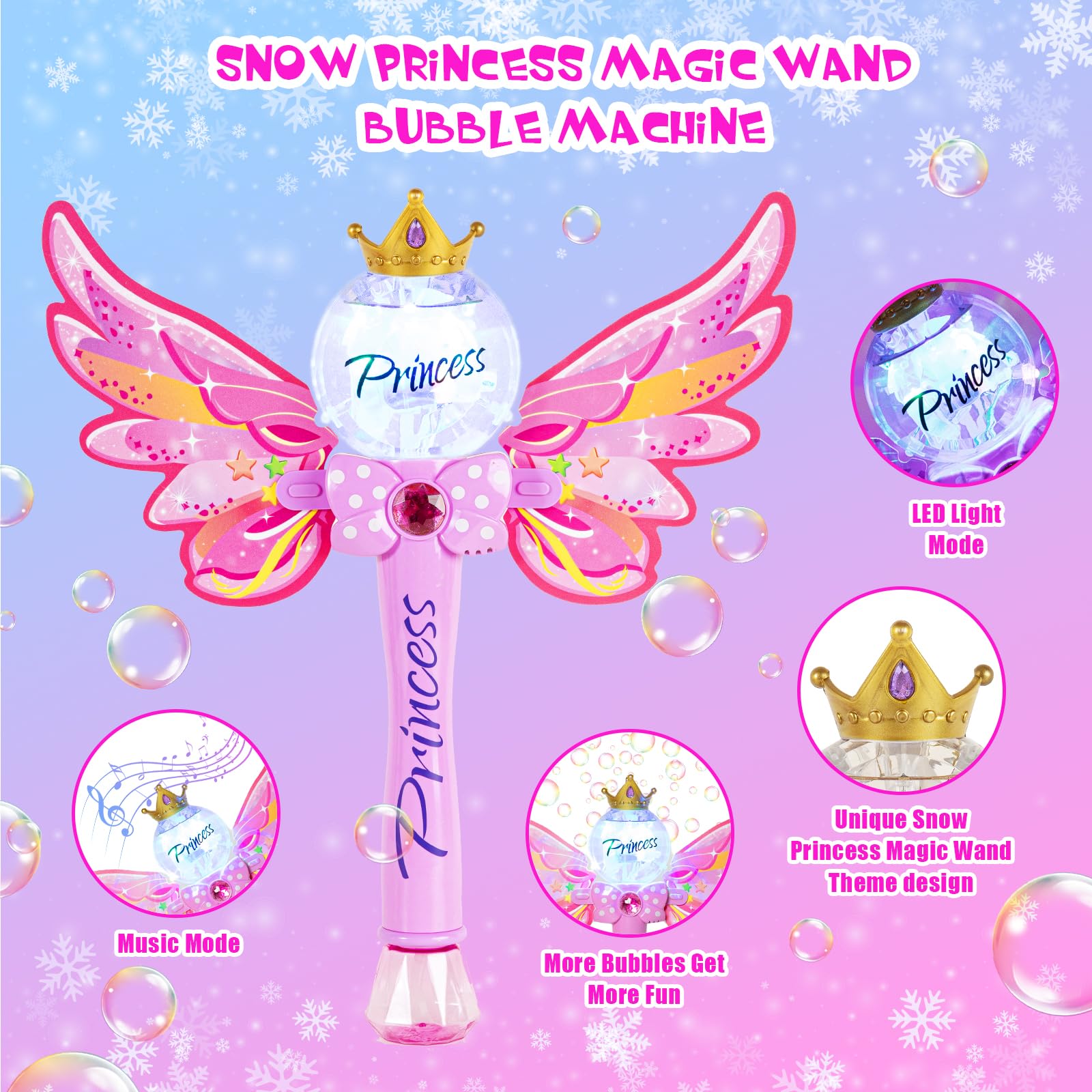 Princess Bubble Wand,Bubble Machine for Kids Girls,Music & Light Up Bubble Blower,Bubble Maker,Outdoor Party Birthday Bubble Toy for Toddlers,Gift