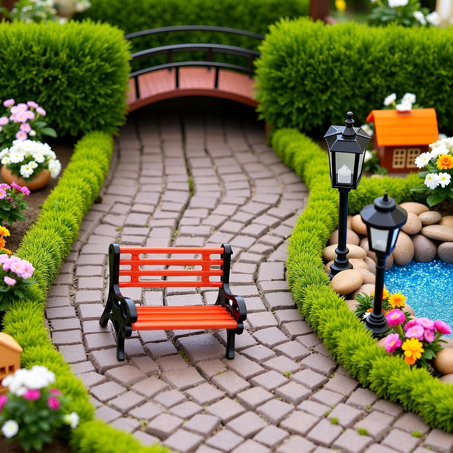 Miniature Park Bench Set 2-Pack - 1:12 Scale Brown Garden Seats with Realistic Detailing, Tiny Park Benches for Dollhouse and Fairy Garden