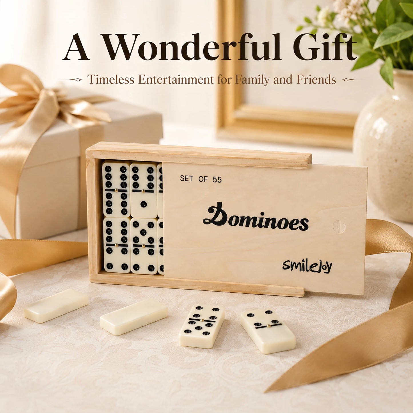 Smilejoy Dominoes Set for Adults, Double Nine Domino Set for Classic Board Games, Dominoes Double 9 for Family Games with Natural Wooden case