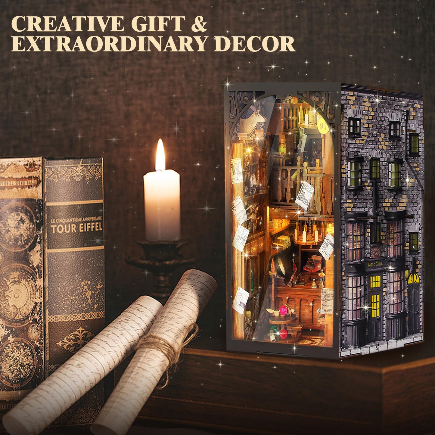 DIY Book Nook Kit, 3D Wooden Puzzle Miniature Booknook Bookend Bookshelf Decor with LED Light, Dust Cover, Book Nook Kits for Adults Teen Ideas