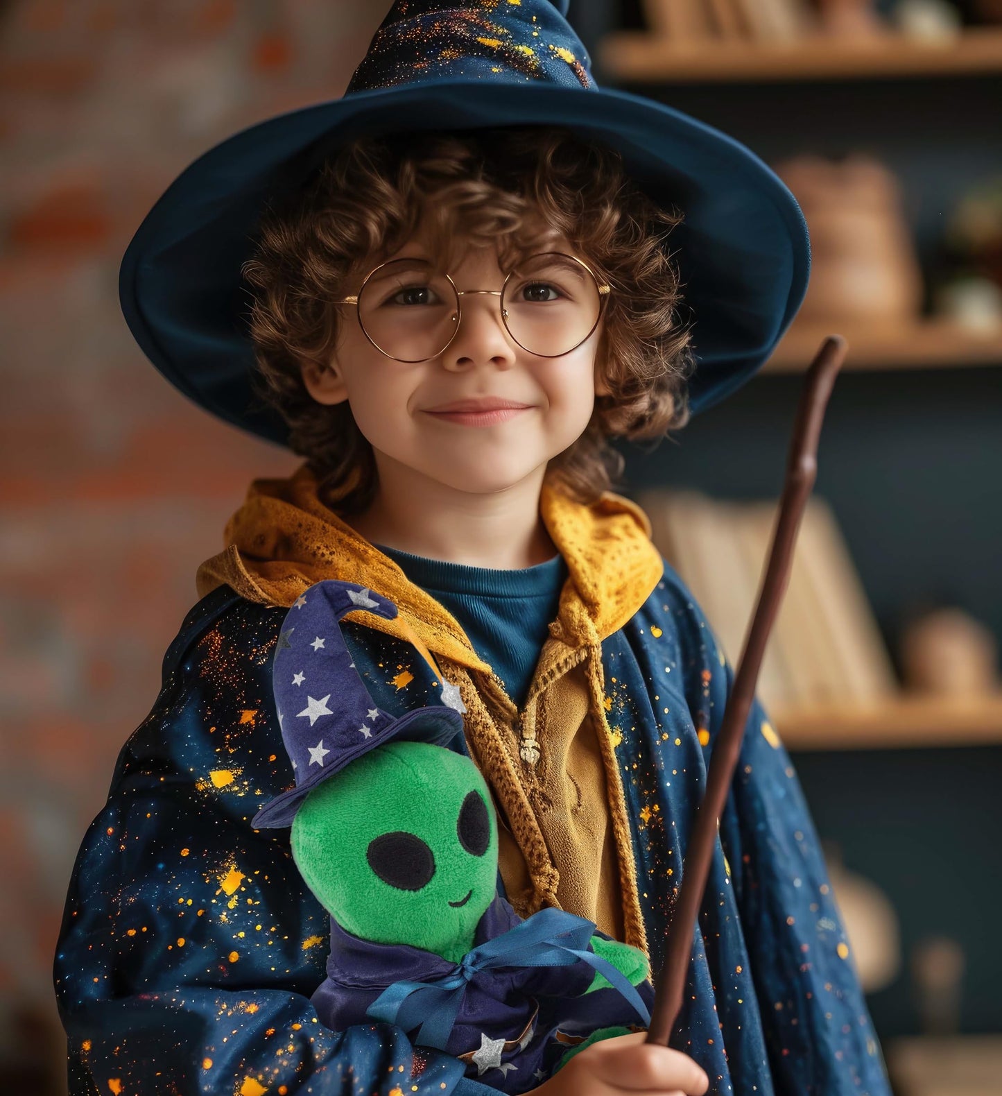 DolliBu Wizard Stuffed Animal Dress Up Set - Cute Teddy Bear Wizard Costume with Blue Cape and Hat with Silver Stars - Large for 8 to 10 Inch Plush