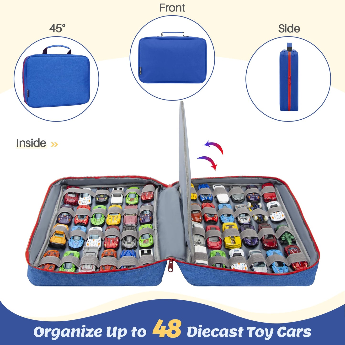 KISLANE Car Storage Case Organizer for 48 Vehicles - Portable 1:64 Scale Die-Cast Collection Carrying Case with Elastic Slots, Travel Storage Bag for