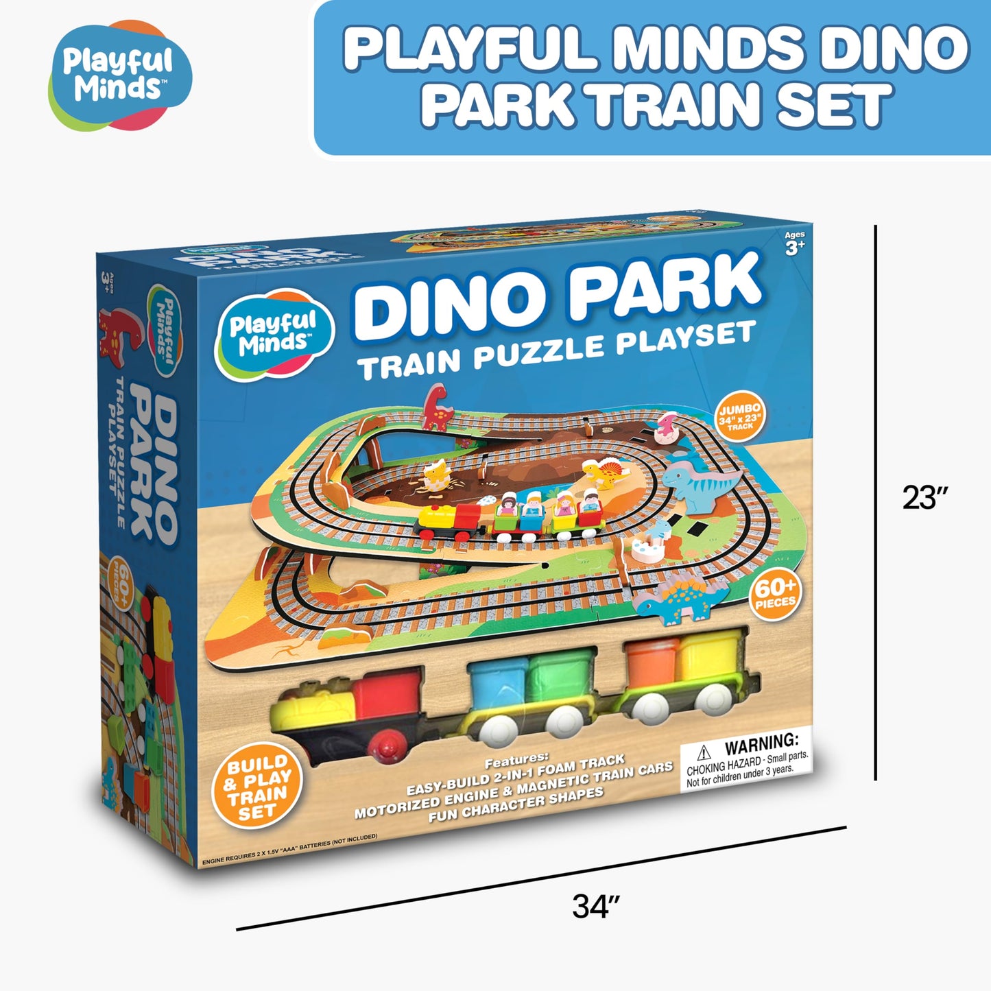 Playful Minds Dino Park Train Puzzle Playset - 60 Pc Build and Play Railway Set for Toddlers and Kids Ages 3-5 - EVA Foam Puzzle Track with Motorized