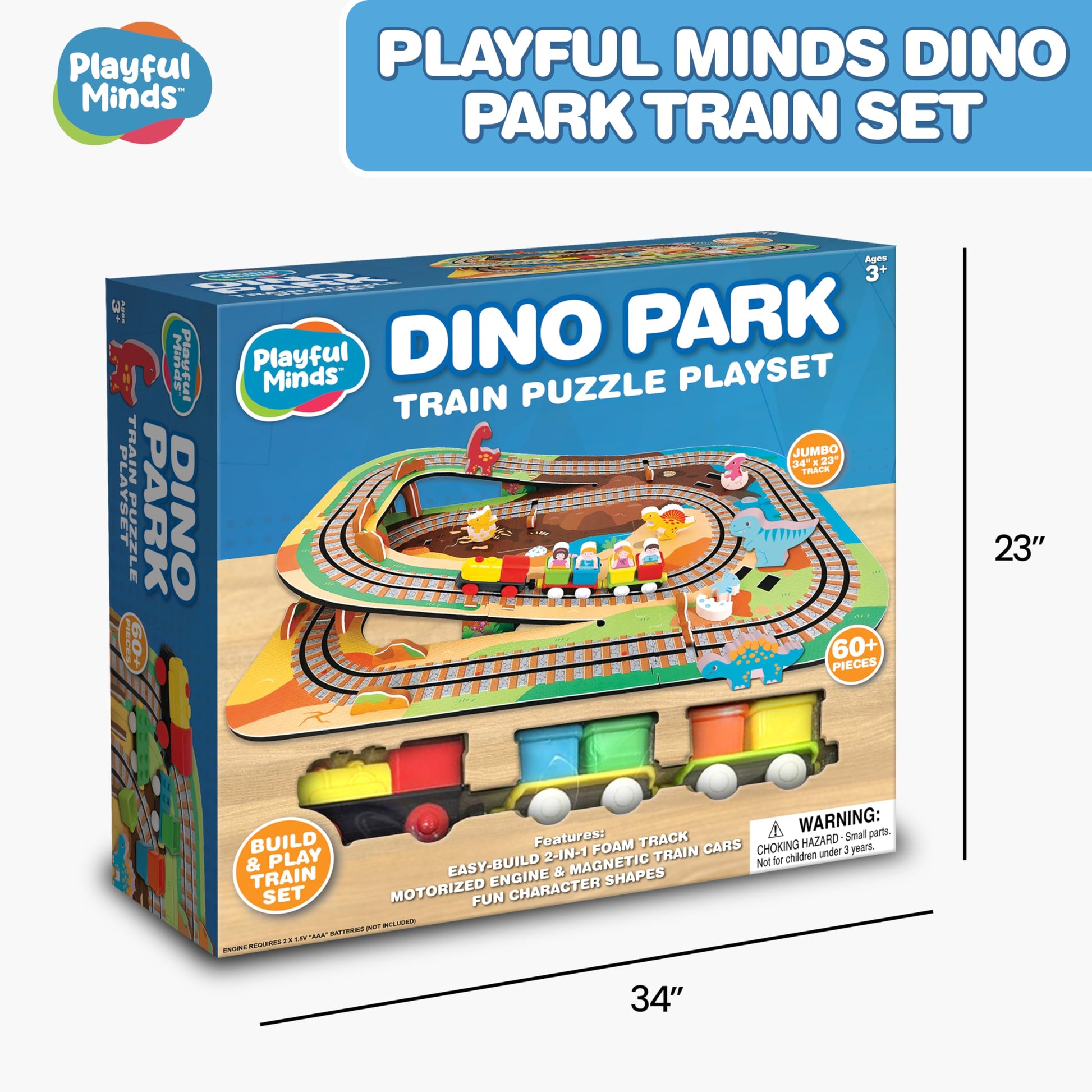 Playful Minds Dino Park Train Puzzle Playset - 60 Pc Build and Play Railway Set for Toddlers and Kids Ages 3-5 - EVA Foam Puzzle Track with Motorized