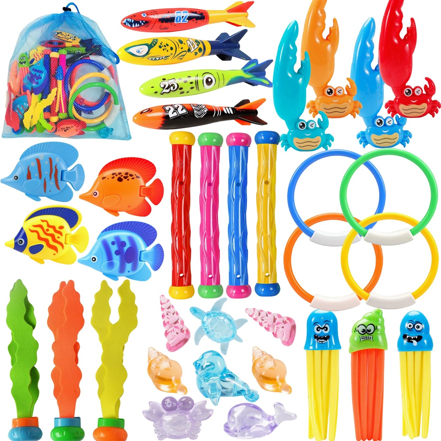 FUNCSDIK 35PCS Diving Pool Toys for Kids, Summer Underwater Diving Toys Set with Dive Sticks Rings Gems Storage Bag, Swimming Pool Toys for Fun Pool