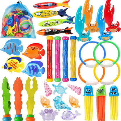 FUNCSDIK 35PCS Diving Pool Toys for Kids, Summer Underwater Diving Toys Set with Dive Sticks Rings Gems Storage Bag, Swimming Pool Toys for Fun Pool