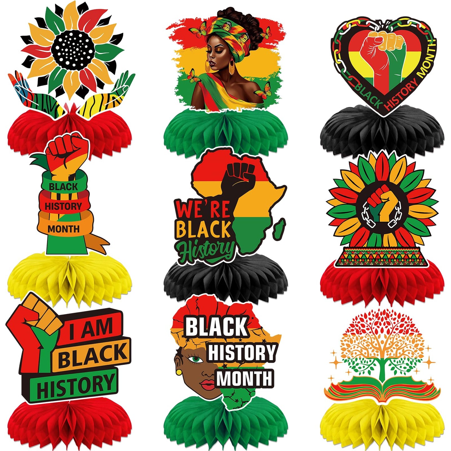 Black History Month Decorations: 9pcs Black History Month Honeycomb Centerpieces for African American Holiday Party Table Decor