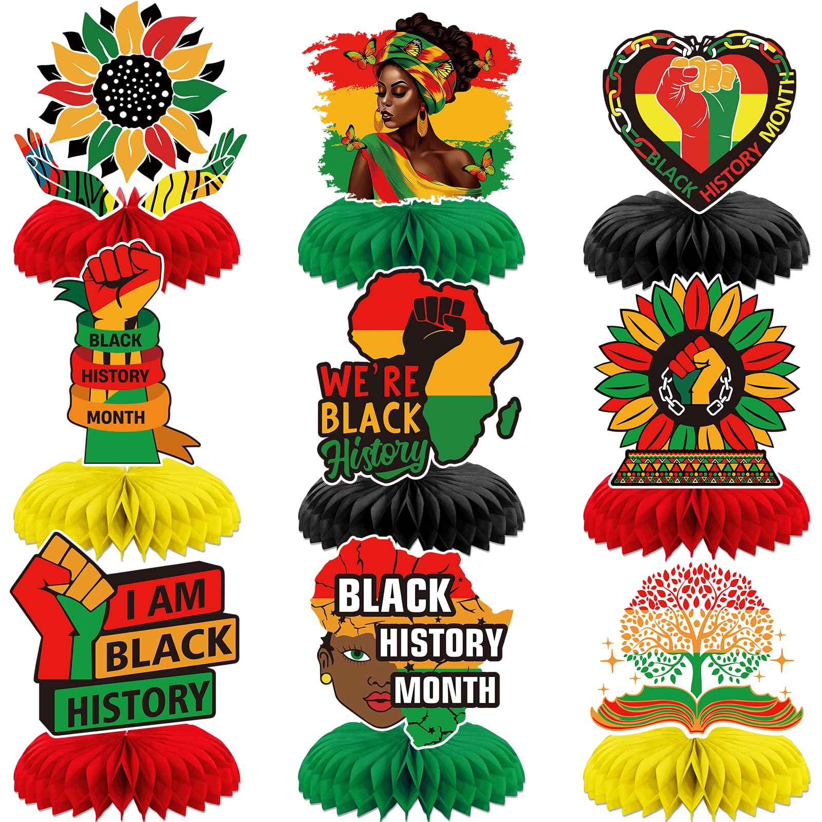 Black History Month Decorations: 9pcs Black History Month Honeycomb Centerpieces for African American Holiday Party Table Decor