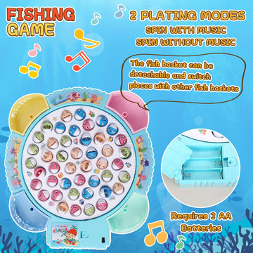 Pakoo Magnetic Fishing Game Toys, Rotating Board Game with Music Including 45 Fishes and 8 Fishing Poles, Christmas Party Game Toys for Kids Age 3 4 5