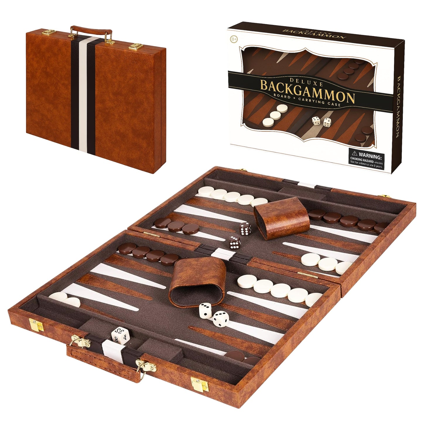 Premium Backgammon 18 Inches Large Brown - Backgammon Sets for Adults and Kids - Leatherette Back Gammon Board Game Set - Travel Backgammon Set Board