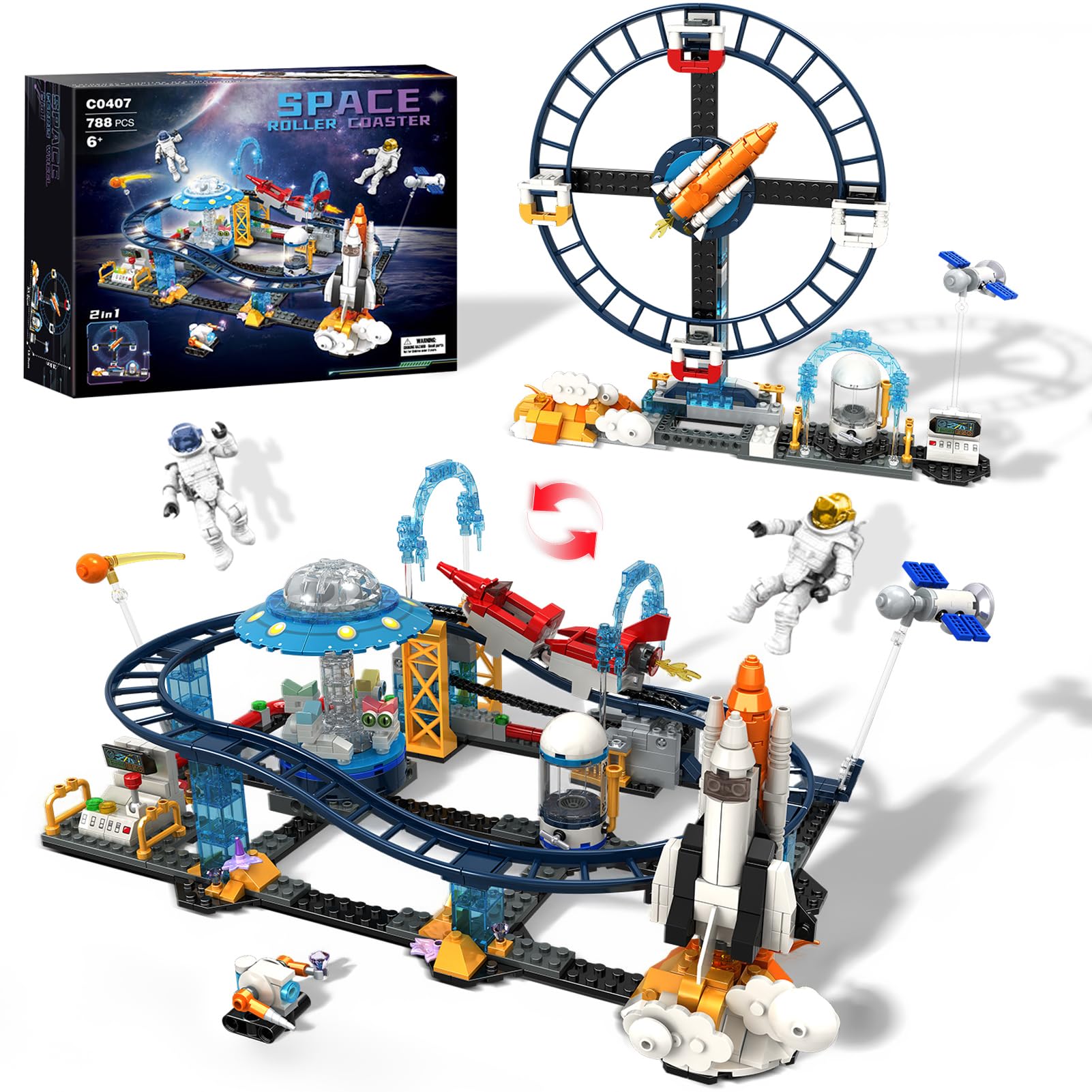 Utbttor 2 in 1 Space Roller Coaster Building Set with Rockets, UFO, Satellites, Space Capsules, Buildable City Park Friends Building Block Toys, STEM