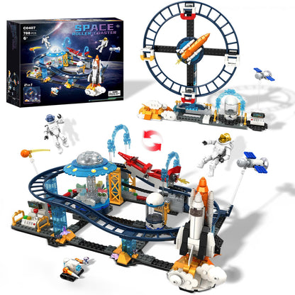 Utbttor 2 in 1 Space Roller Coaster Building Set with Rockets, UFO, Satellites, Space Capsules, Buildable City Park Friends Building Block Toys, STEM