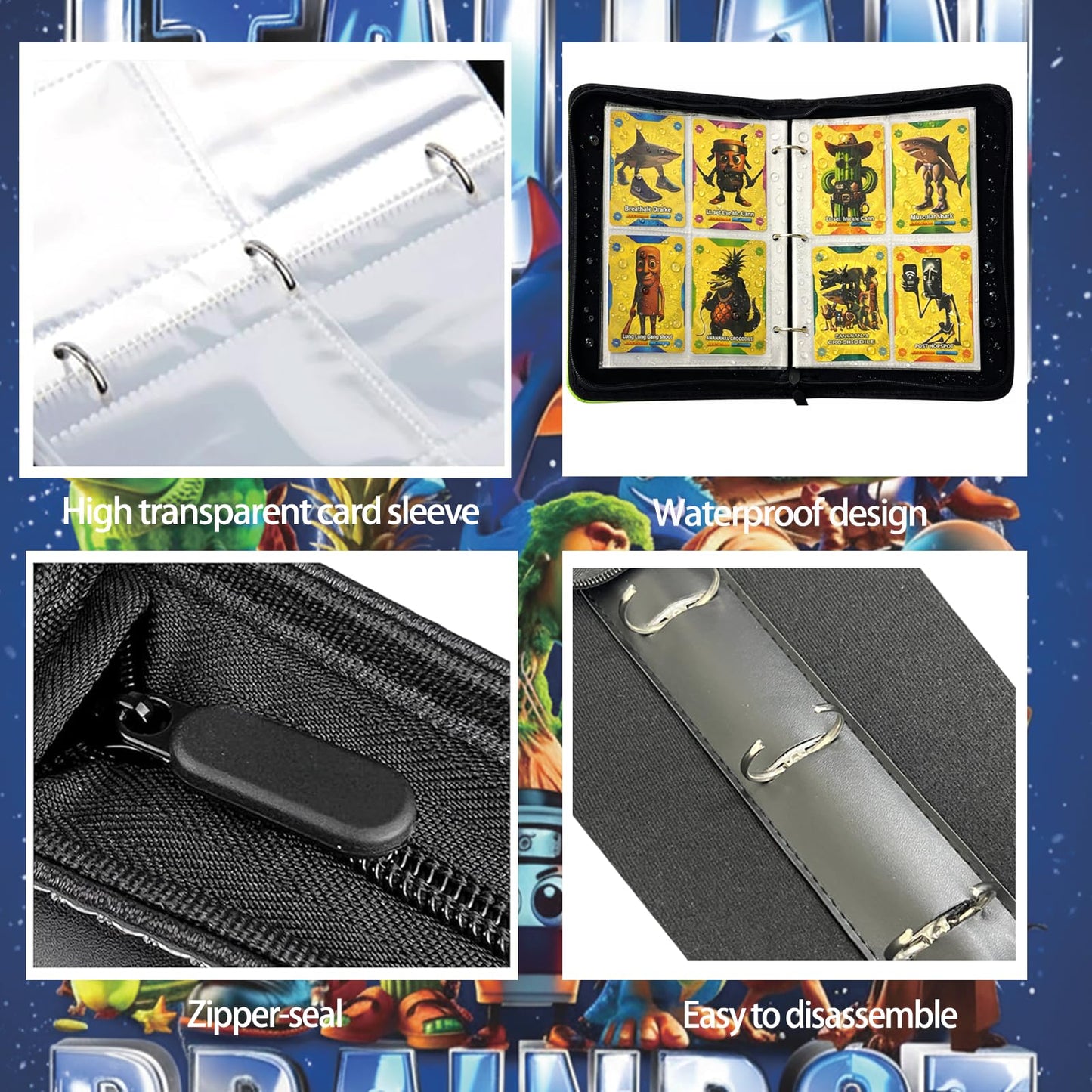 Italian Brainrot Trading Card Binder 4 Pocket 400 Pockets Zipper Card Binder Album for Brainrot Cards, Waterproof Card Storage Holder with Removable