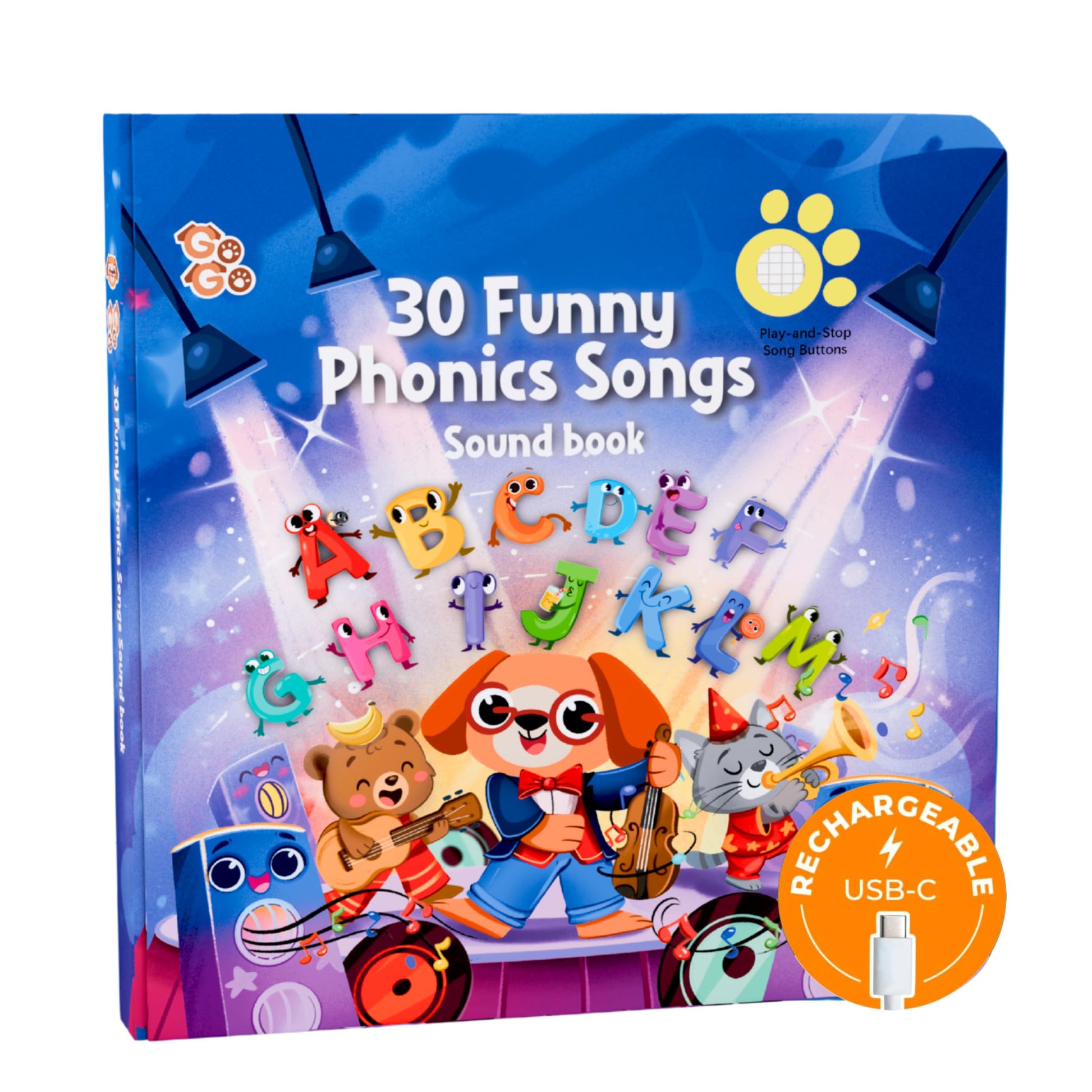 GO GO 30 Funny Phonics Songs Sound Book, A-Z Letter Sound Songs, USB-C Rechargeable, Preschool & Kindergarten Learn to Read for 3 Year olds, Perfect