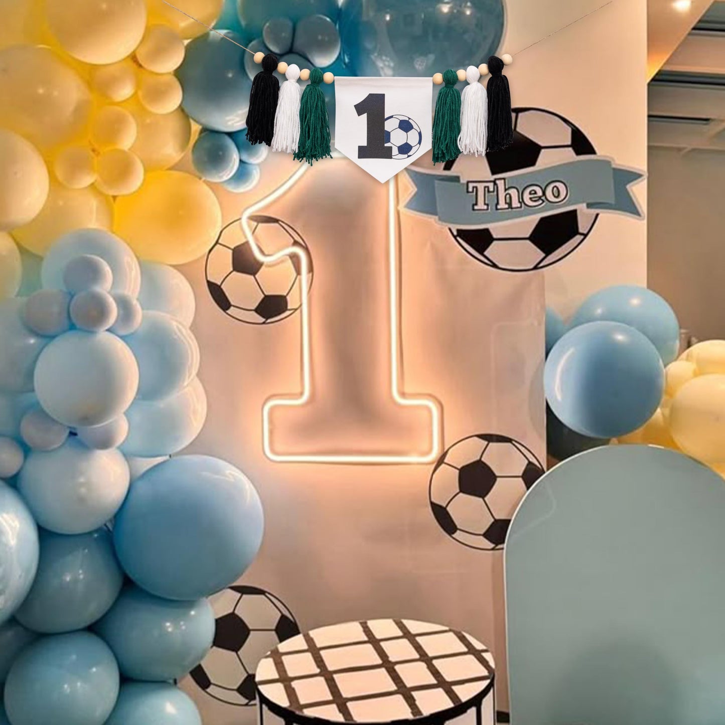 SOLUXIKA Soccer 1st Birthday Banner - First Year Down High Chair Banner with Green Black White Tassels, Sports Soccer Theme First Birthday Decorations