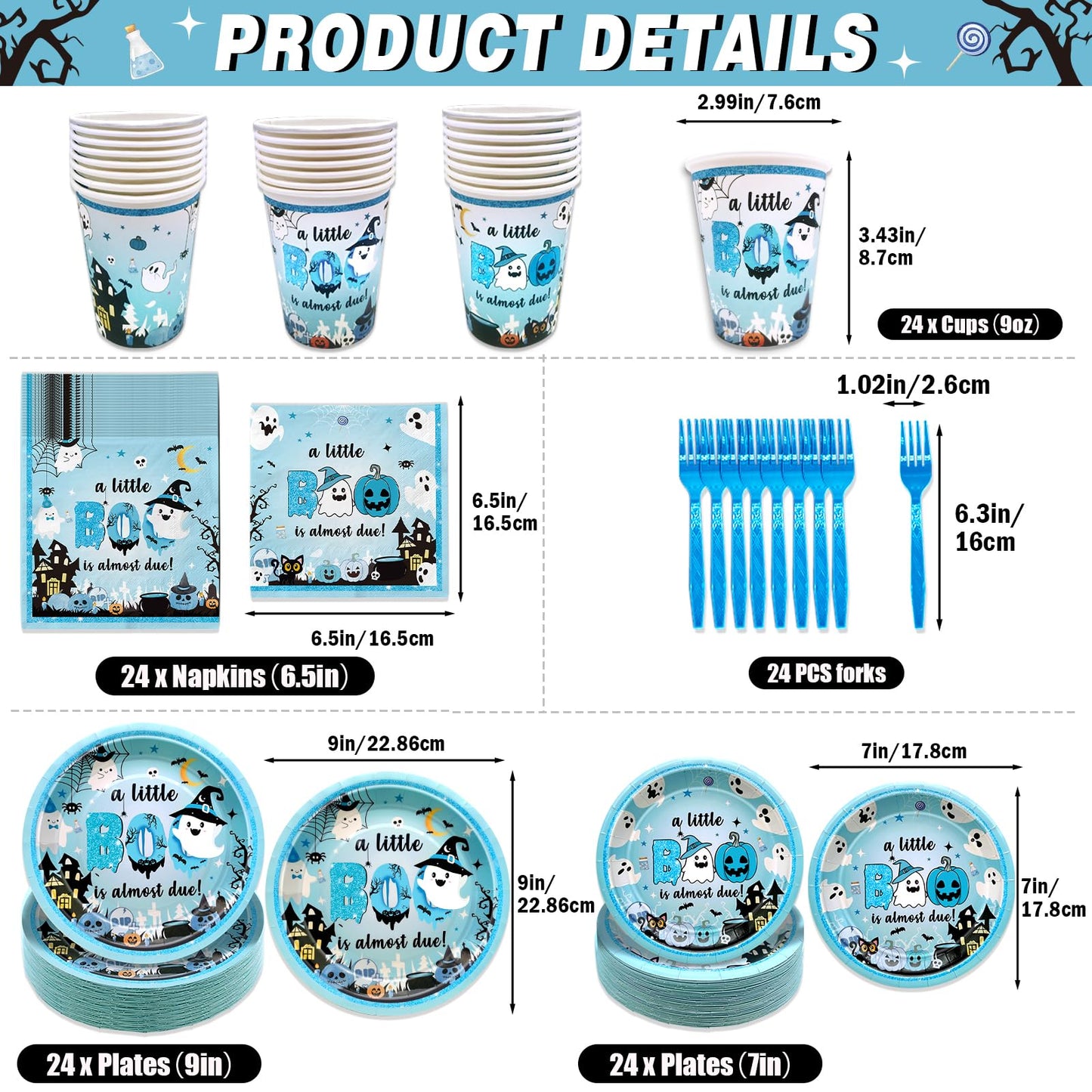 147Pcs A Little Boo Is Almost Due Baby Shower Boy Little Boo Baby Shower Decorations Boy Halloween Plates and Napkins Blue Halloween Tableware