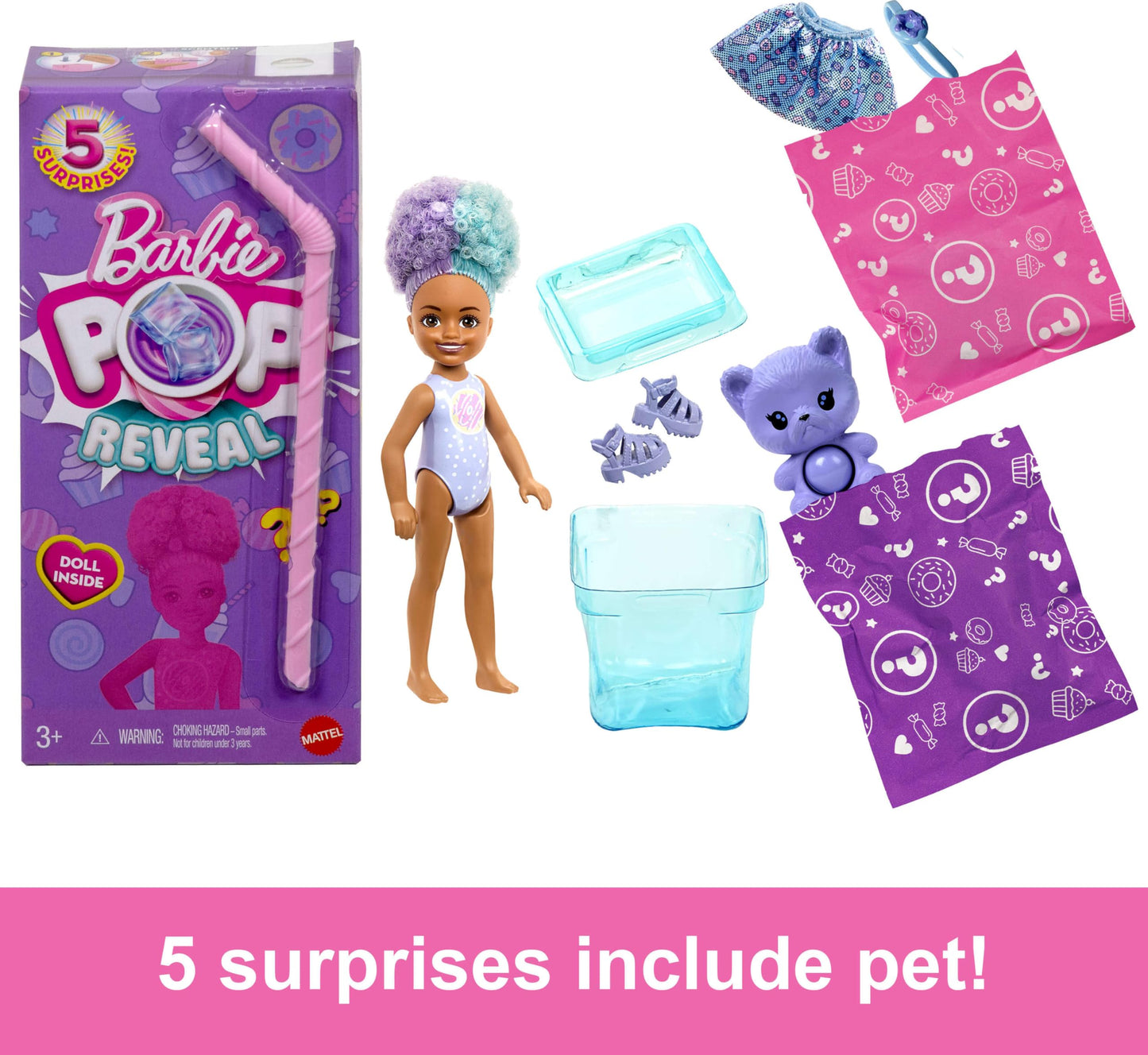 Barbie Chelsea Pop Reveal Doll Set, Treat Series with 5 Surprises Including Scented Small Doll, Pop-It Pet & Color Change (Styles May Vary)
