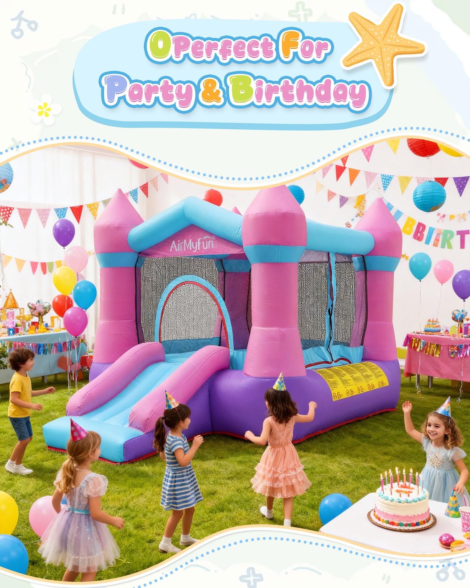 AirMyFun Pink Inflatable Toddler Bounce House with Blower, Indoor/Outdoor Jumping Castle for Kids 3-8, Inflatable Bouncy House with Slide, 82011B