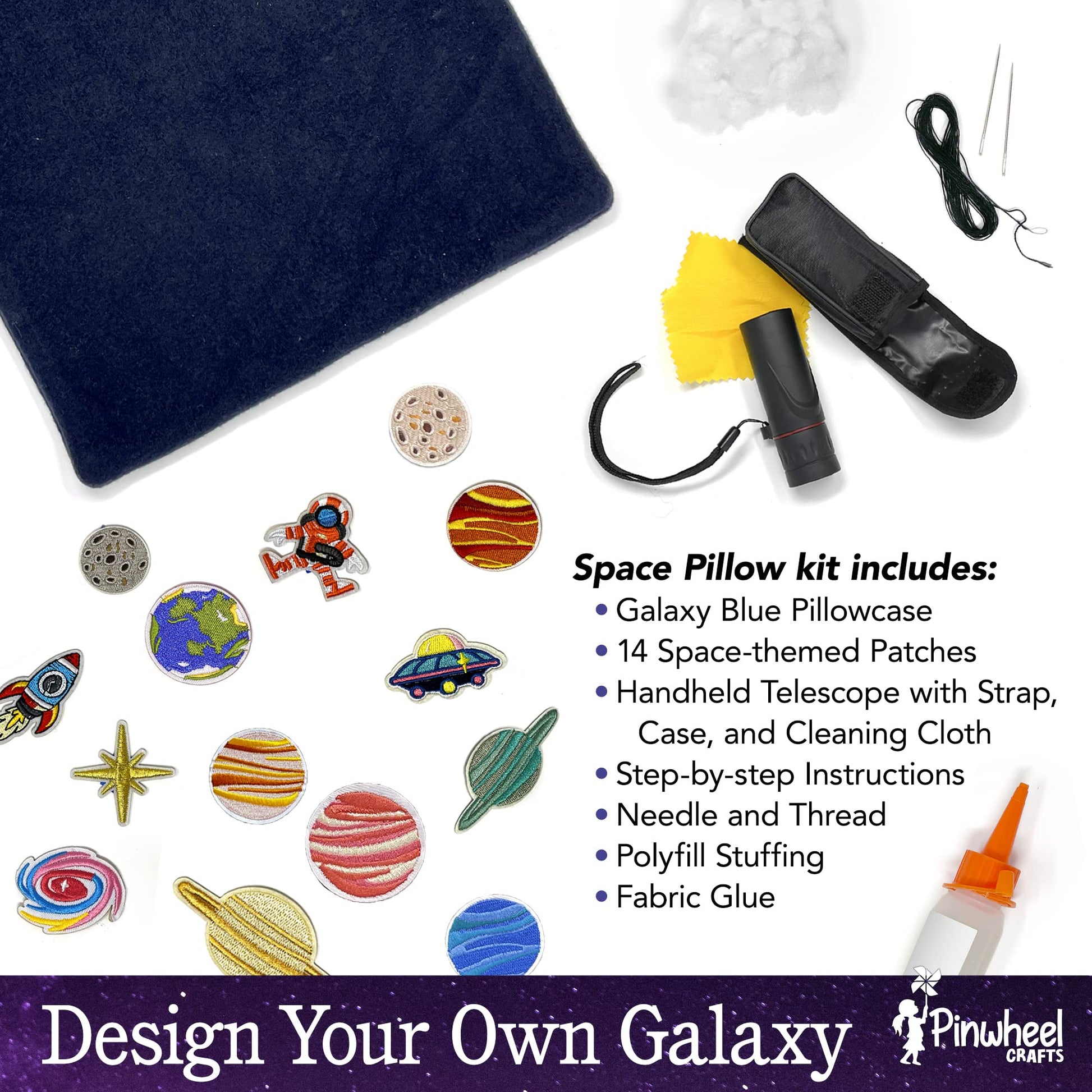 Pinwheel Crafts Beginner Sewing Kit for Kids 8-12 with Telescope - Astronomy Solar System Easy Sew Space Pillow Kit with Planet Patches - Make Your