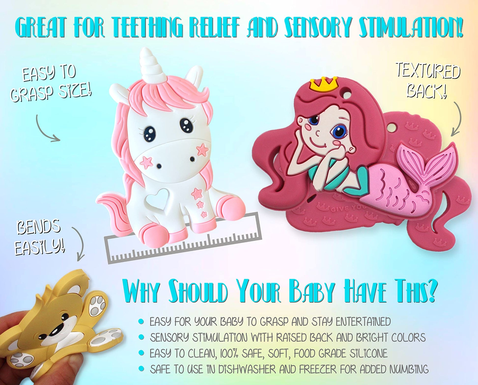 Unicorn Silicone Teething Toy! 100% Safe, Non-Toxic, BPA Free and Effective for Teething Pain Relief...Adorable Unicorn Teether Designed for a Happy