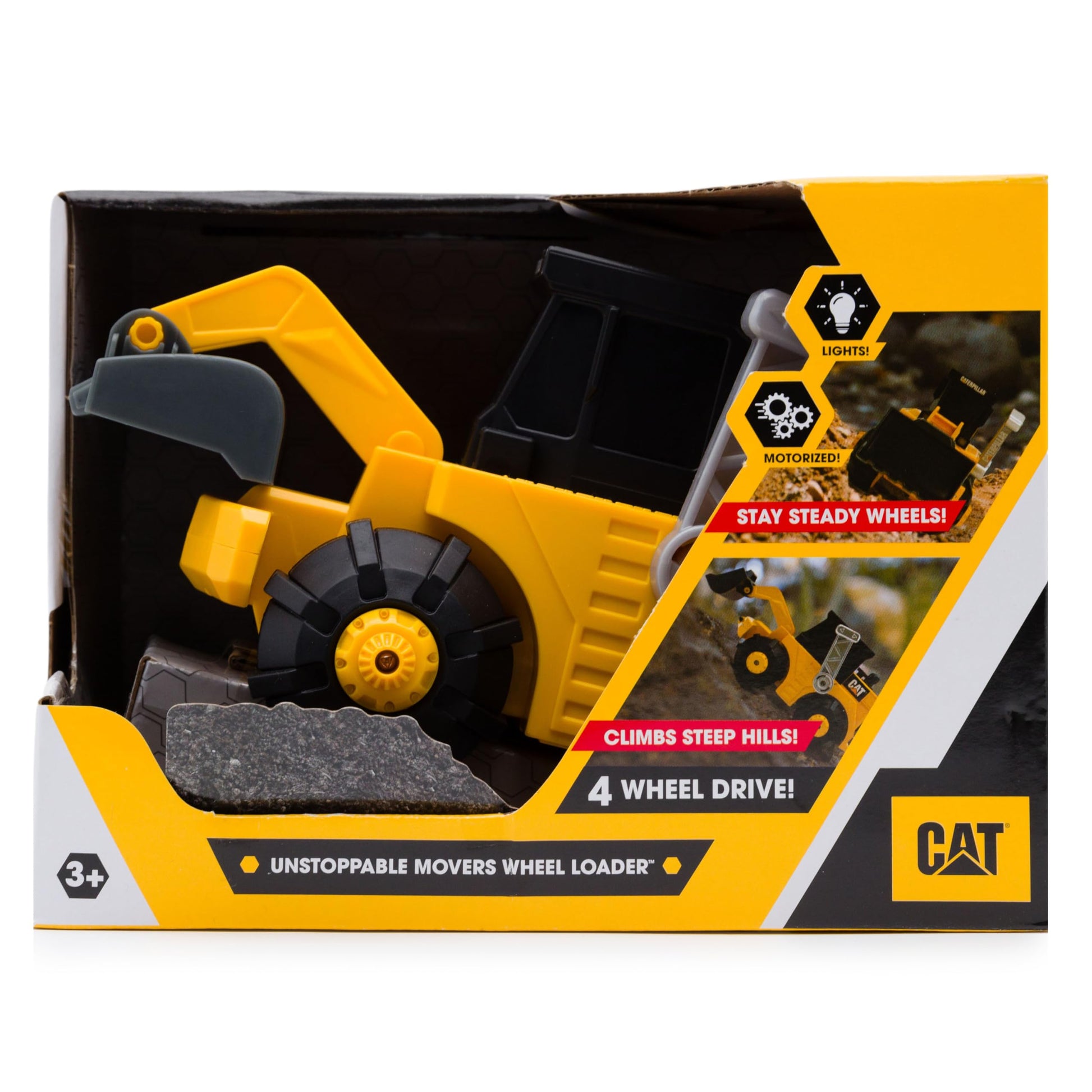 Cat Construction Toys, Unstoppable Movers Front Loader, Realistic Lights & Sounds, Motion Drive Technology, Working Features, and Interactive Play