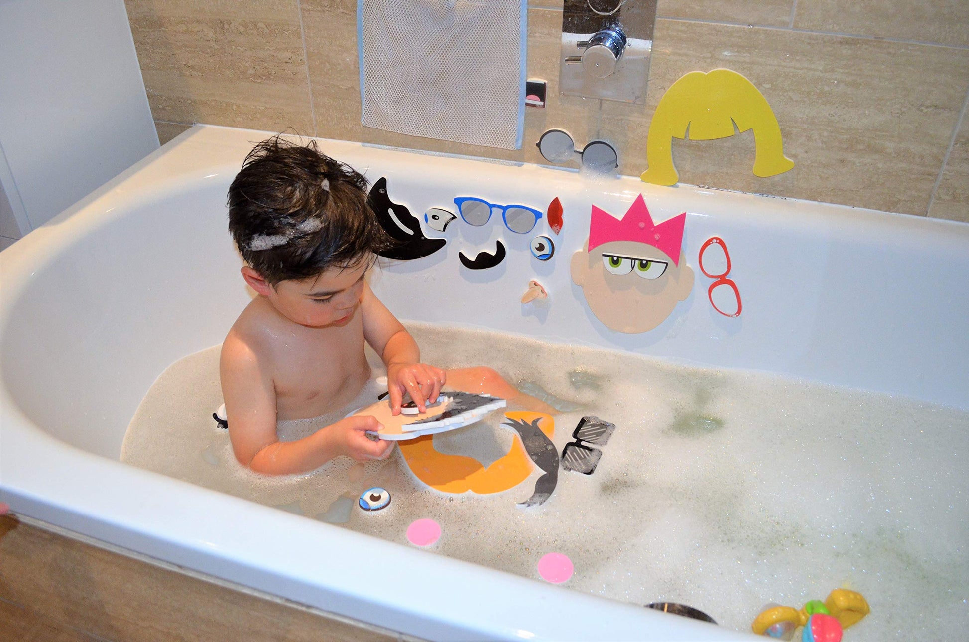Buddy & Barney: Silly Faces Bath Time Stickers - 36 Reusable Foam Stickers & Mesh Storage Bag, Mix & Match, Fun Tub & Water Toy, Toddlers & Kids Age