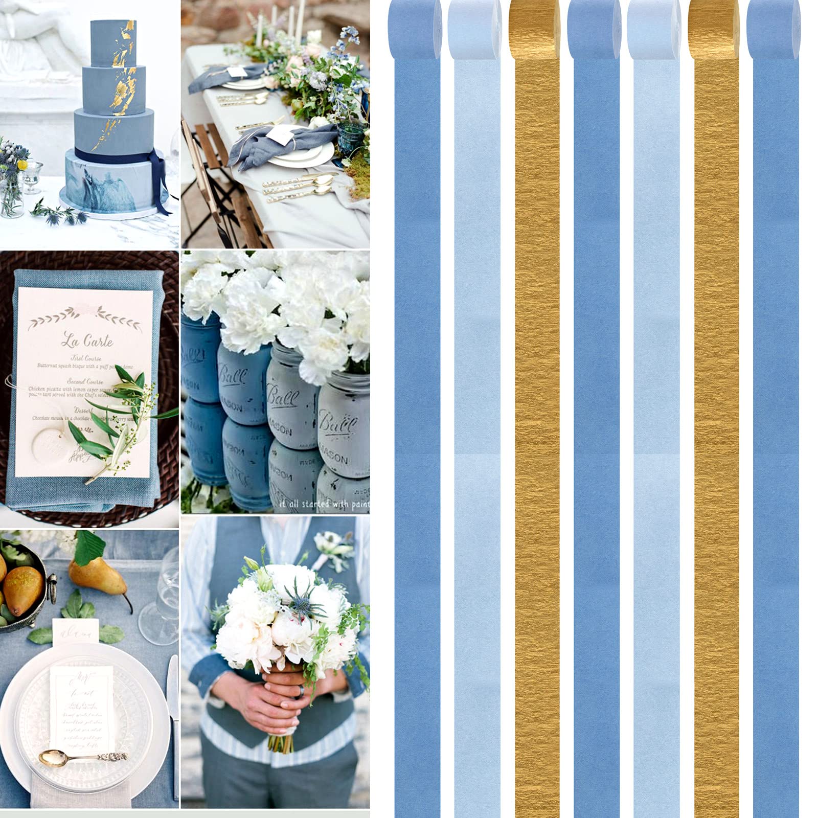 Light-Dusty Blue Gold Party-Decorations Streamers - 9 Rolls Birthday Baby Bridal Shower Wedding Crepe Tissue Paper Streamer Bachelorette Engagement