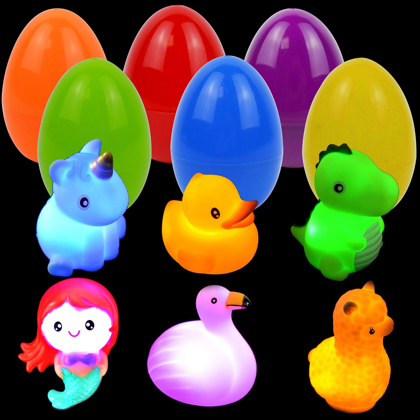 JOYIN 6 Pcs Pre-Filled Easter Eggs with Light-up Floating Bath Toys for Kids Toddler Eggs Hunt, Basket Stuffers/Fillers, Filling Treats, Party Favor