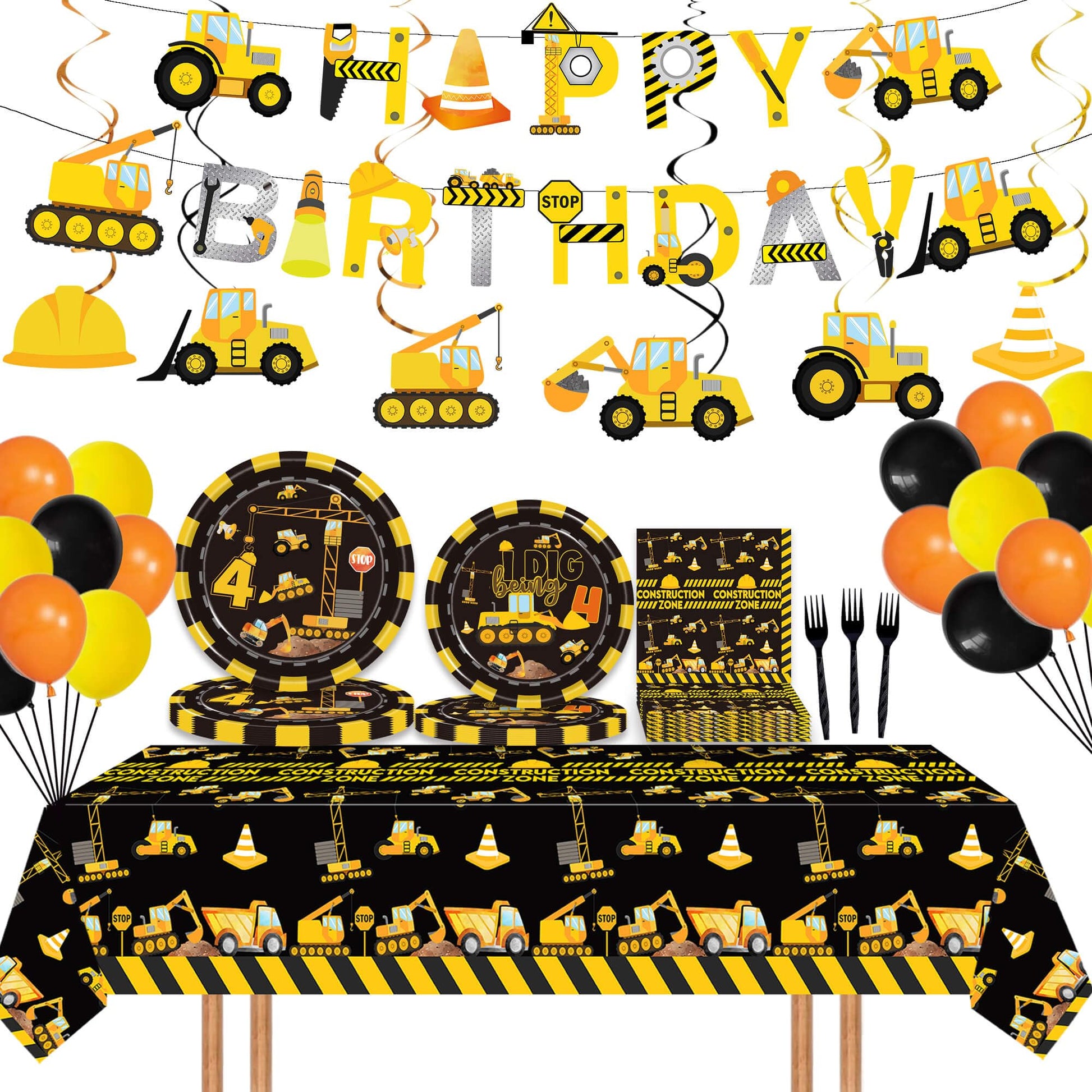 92 Pcs Construction 4th Birthday Party Supplies Dump Truck Theme Four Tableware Includes Hanging Swirl, Balloons, Plates, Table Cloth for Boys
