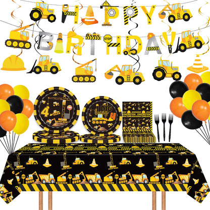 92 Pcs Construction 4th Birthday Party Supplies Dump Truck Theme Four Tableware Includes Hanging Swirl, Balloons, Plates, Table Cloth for Boys