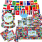 International World Flags Tableware Set, 142Pcs International Flags Decorations Plates and Napkins, Cups,Banner,Flags Tablecloth for Travel Trip