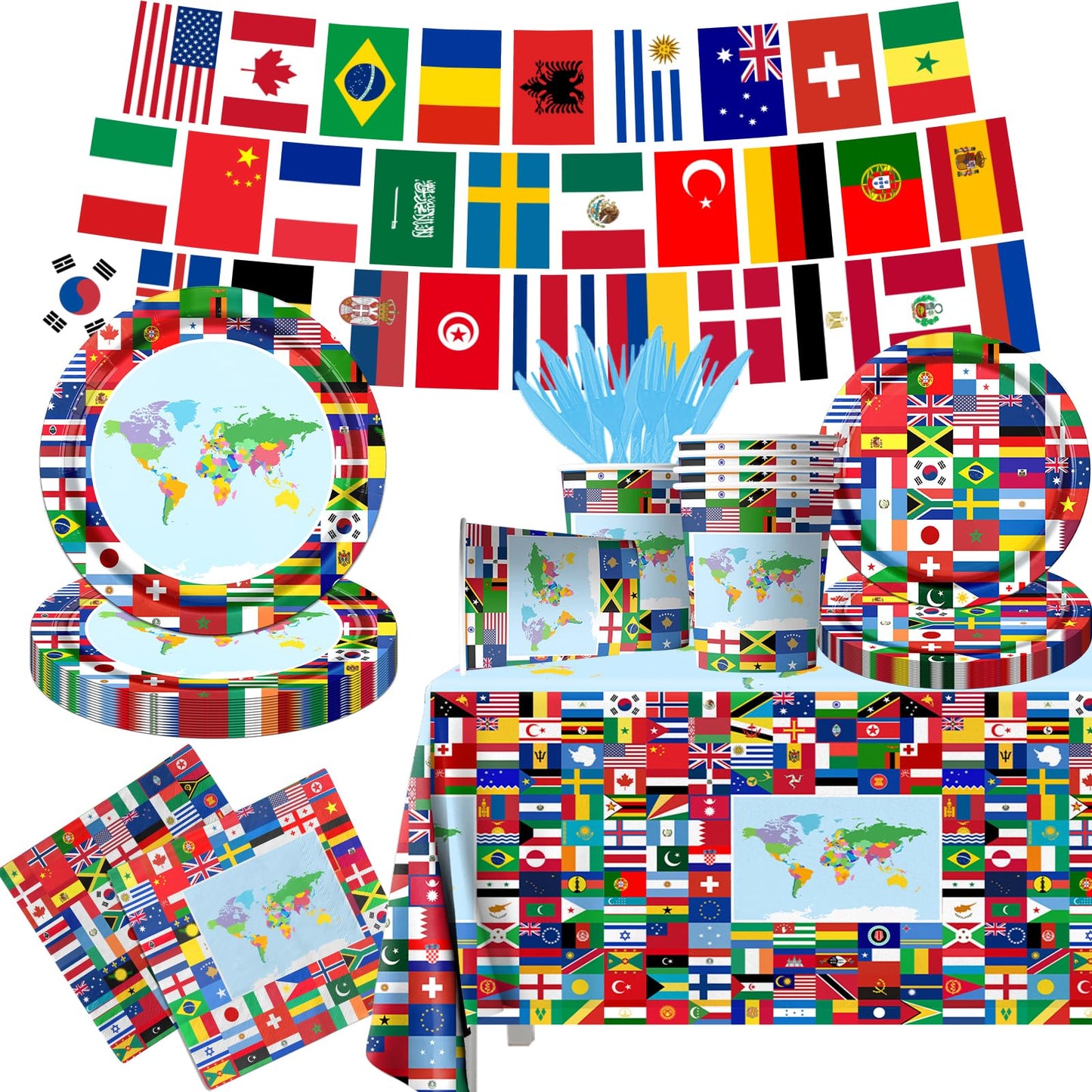 International World Flags Tableware Set, 142Pcs International Flags Decorations Plates and Napkins, Cups,Banner,Flags Tablecloth for Travel Trip