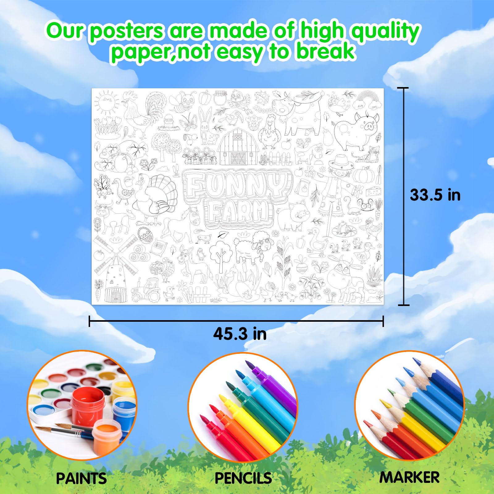 MoShining Farm Animals Giant Coloring Poster for Kids Crafts Activity Wall Doodle Art Coloring Paper Banner for Home School Classroom Party Supplies