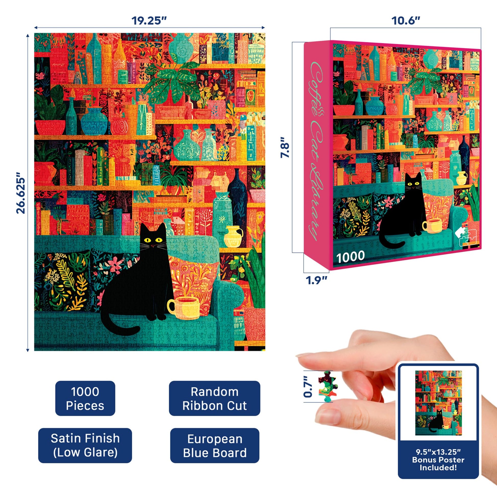 Coffee Cat Library (No. 12) - 1000 Piece Animal Jigsaw Puzzle for Adults | Printed in USA | Satin Low-Glare Finish | Random Ribbon Cut | Bonus Poster