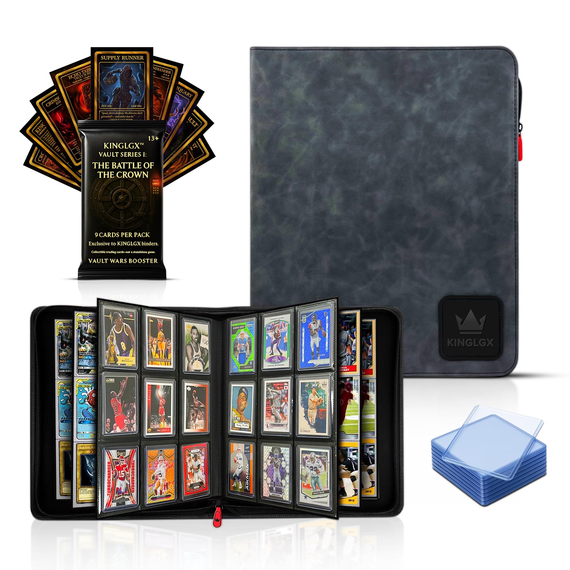 KINGLGX Top Loader Binder - Includes 9 Card KINGLGX Booster Pack - 1 Guaranteed Holo, Holds 252 Toploaders, Rigid 9-Pocket Pages, Premium Zippered