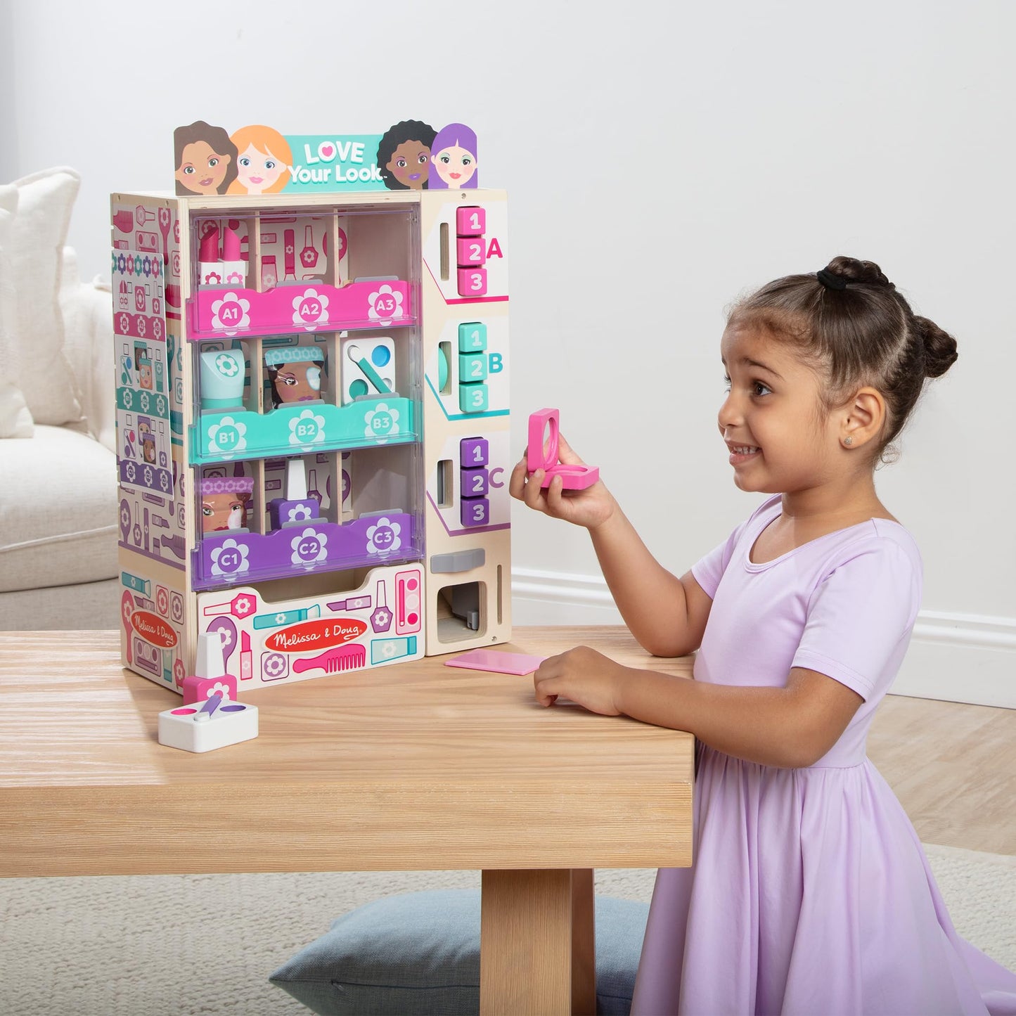 Melissa & Doug Beauty Kiosk Wooden Vending Machine Salon Play Set