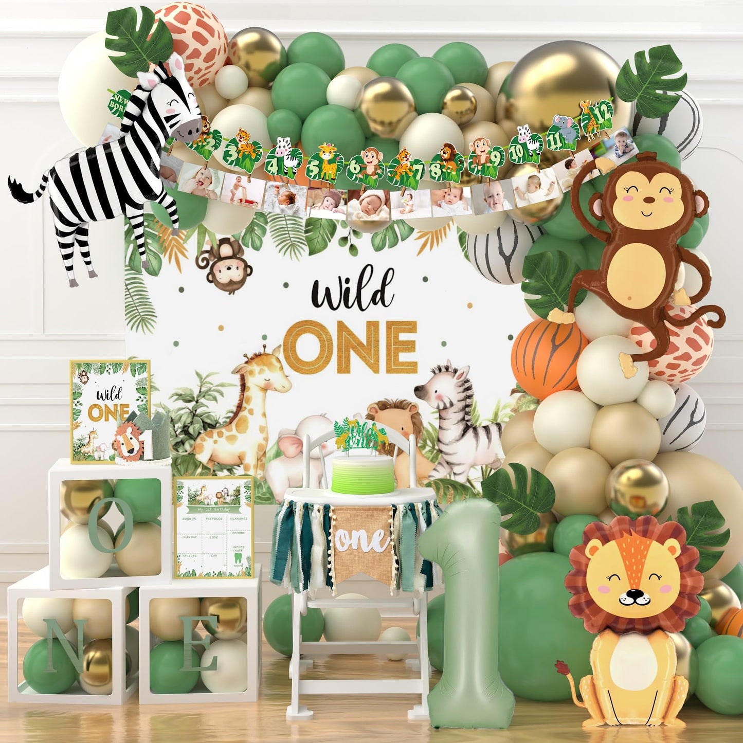 Wild One Birthday Decorations,Jungle Safari Animal Theme First Birthday Decorations Baby Shower Party Supplies for Boy Girl Photo Banner, Balloon Box