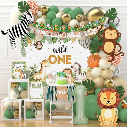 Wild One Birthday Decorations,Jungle Safari Animal Theme First Birthday Decorations Baby Shower Party Supplies for Boy Girl Photo Banner, Balloon Box