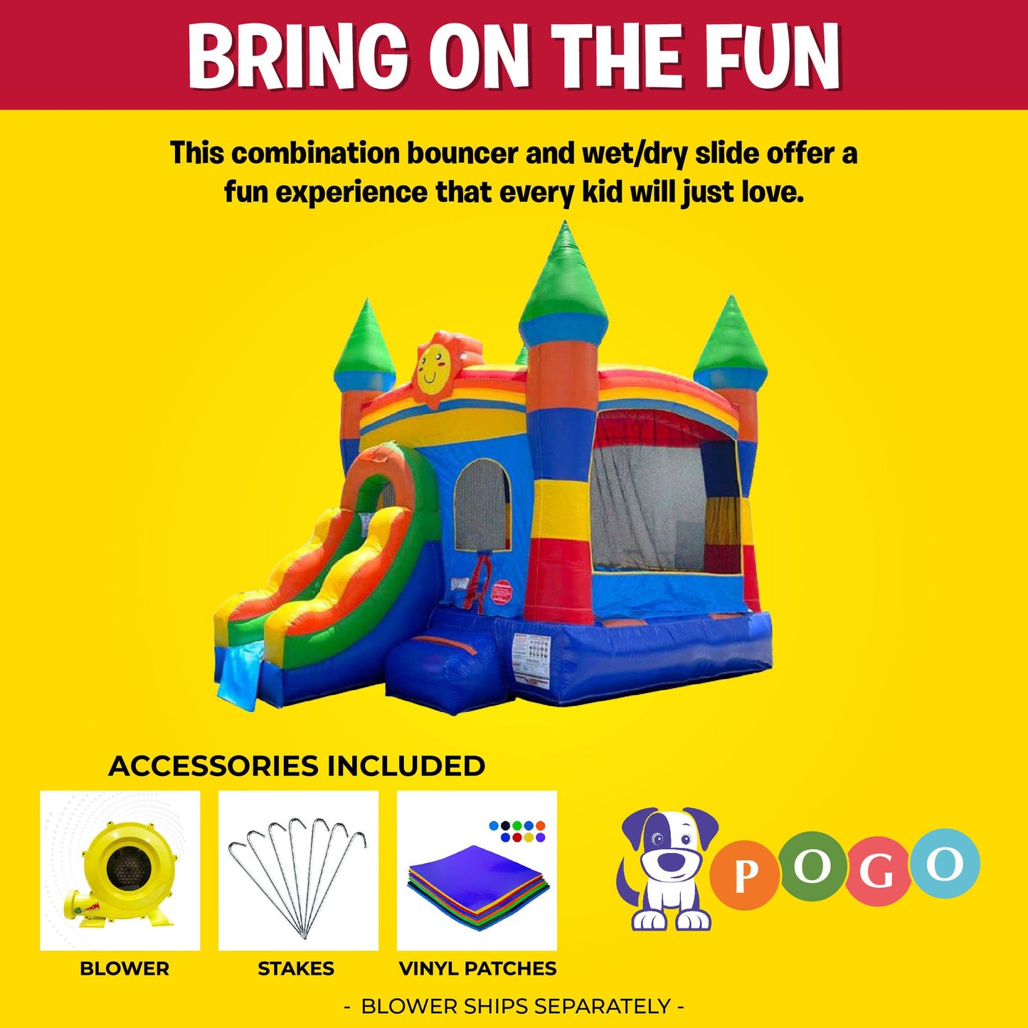 Pogo Inflatable Bounce House with Inflatable Water Slide for Kids, Backyard Commercial Castle Outdoor Playhouse Bouncer with Water Slide, Includes