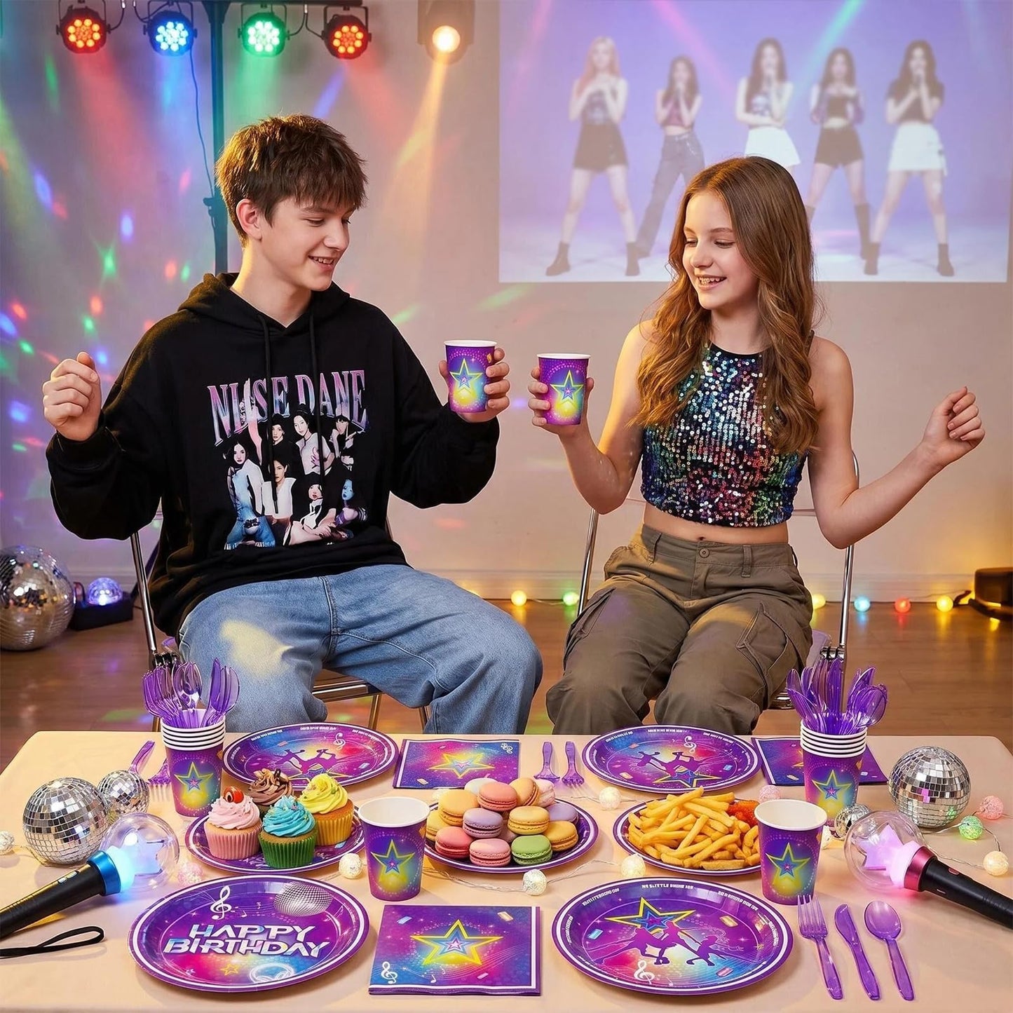 Elzoviran 168pcs Birthday Party Plates Napkins Purple Magical Music Party Supplies Disposable Tableware Set Dance Birthday Decorations for Girls Serve