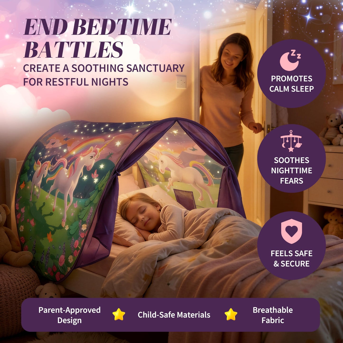 Dream Tents Twin Bed Tent for Kids, Unicorn Glow-in-the-Dark Pop Up Canopy