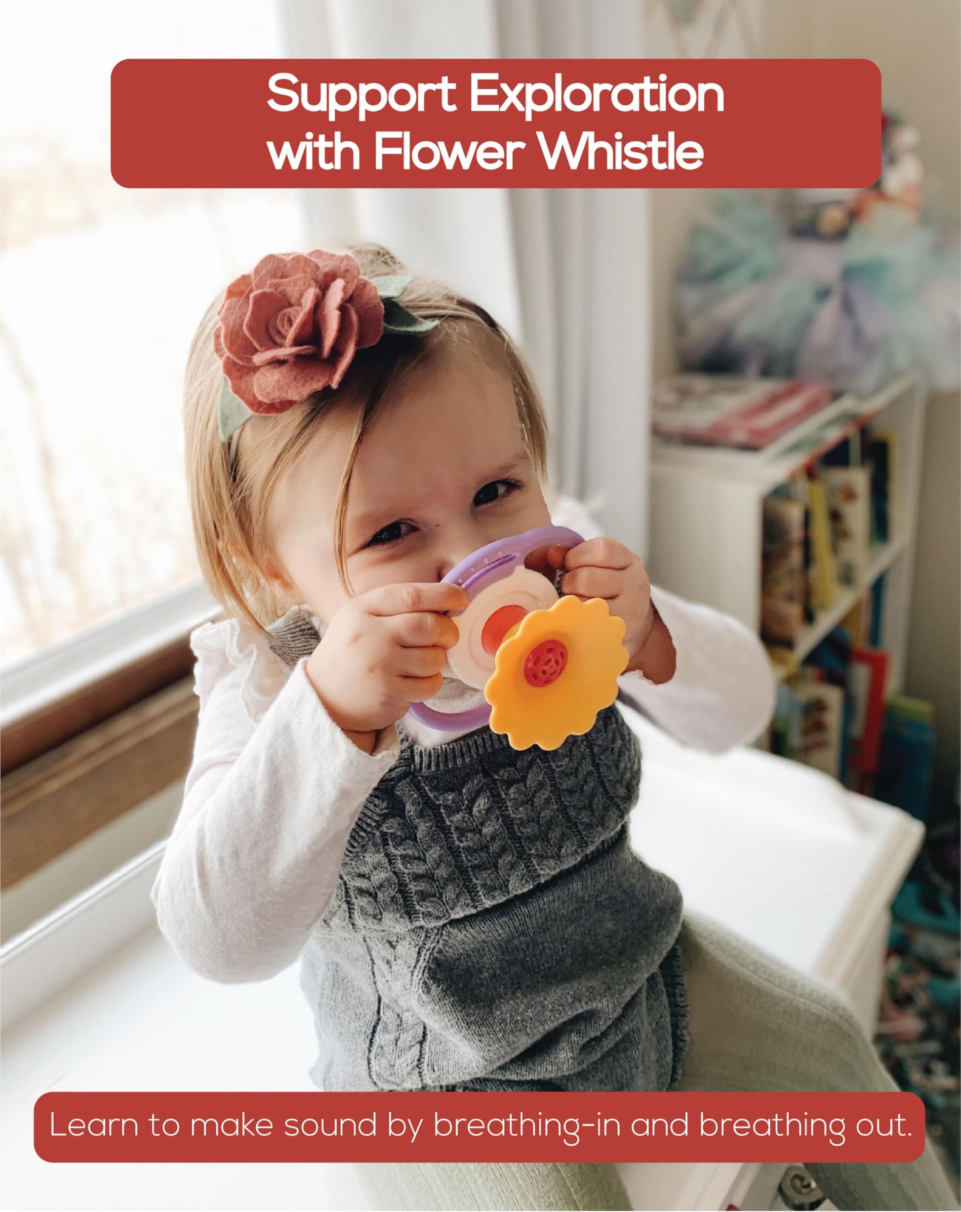 BaBeloved Flower Whistle Baby Teething Toys Multiple Sensory Montessori Baby Teether Toys Soft Food-Grade Teethers for Babies Blow Sound Teething