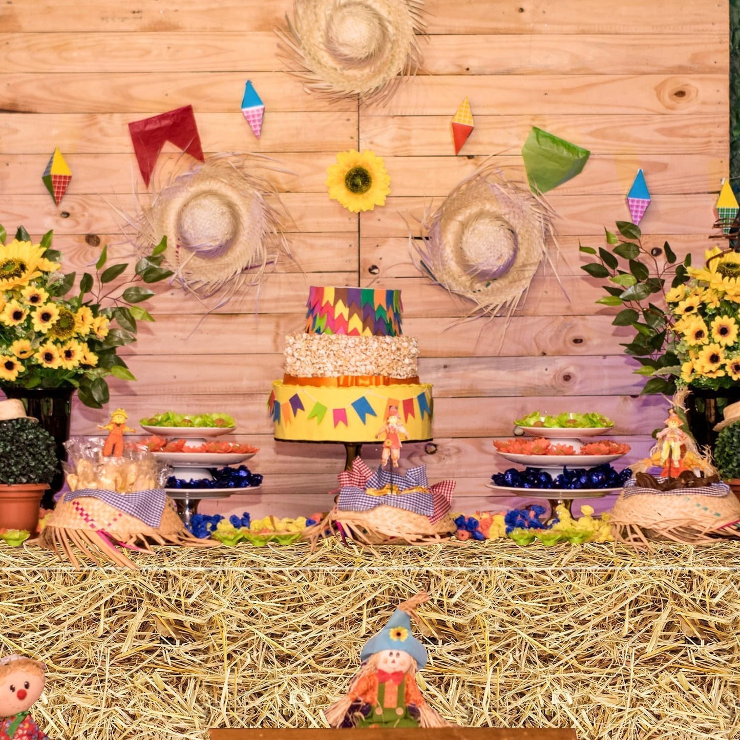 4Pcs Straw Tablecovers, Westtern Theme Birthday Tablecloths Plastic Farm Hay Table Cloths for Cowboy Western Party Supplies Farm, Hawaiian Luau, Hay