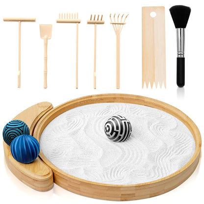 Japanese Zen Garden Kit for Desk | 9.5" Bamboo Sand Tray | 3 Resin Stamp Spheres | Meditation Accessories | 6 Mini Garden Rake | Decor Gifts