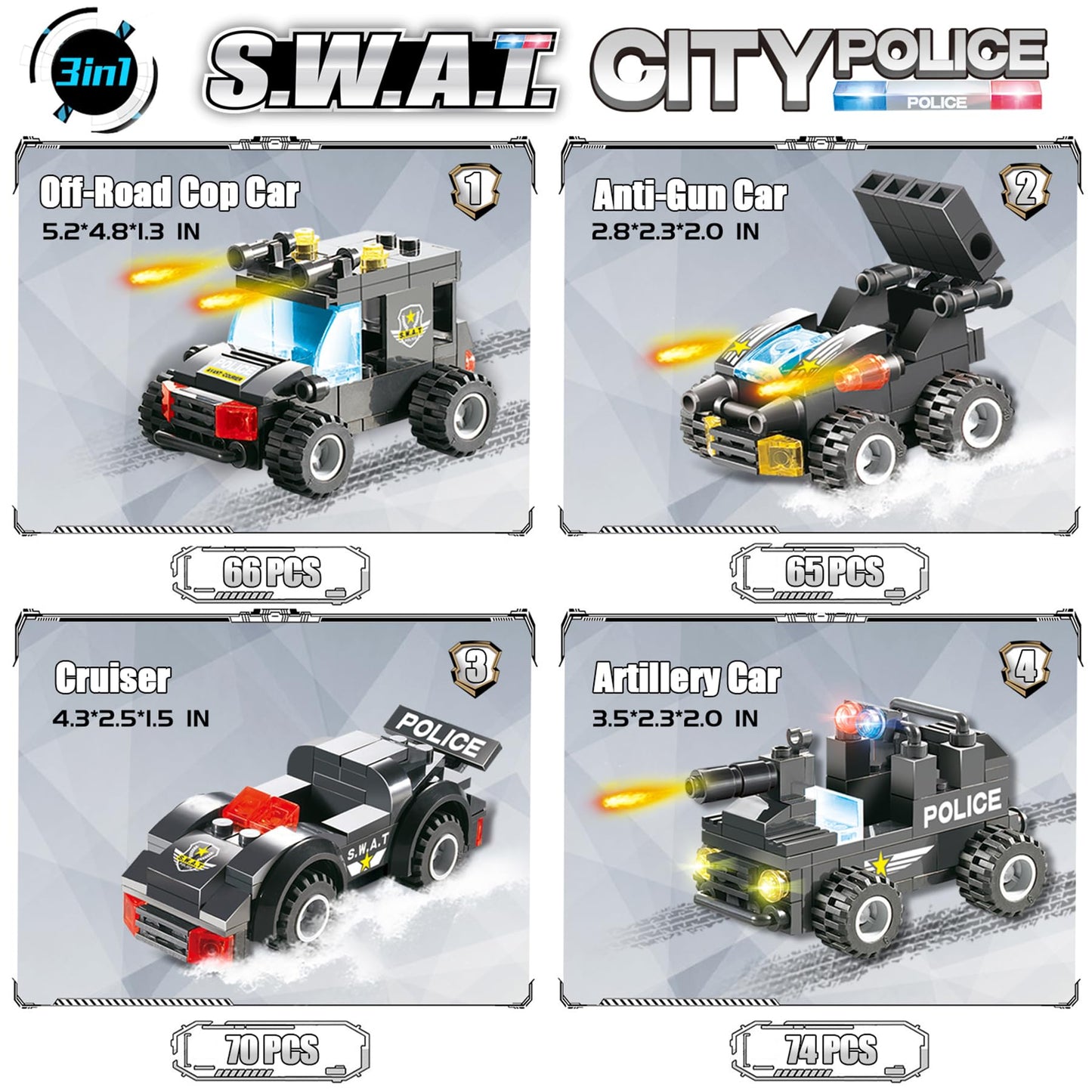 1110 PCS SWAT City Police Set Cop Car Building Set with Helicopter, Boat, Police Station, Mobile Command Center Truck Toys in 25 Different Models